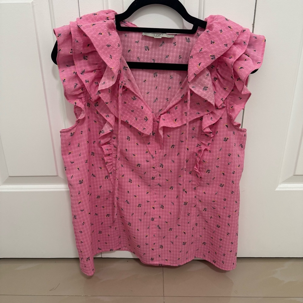 LOFT Pink Floral Ruffle Blouse